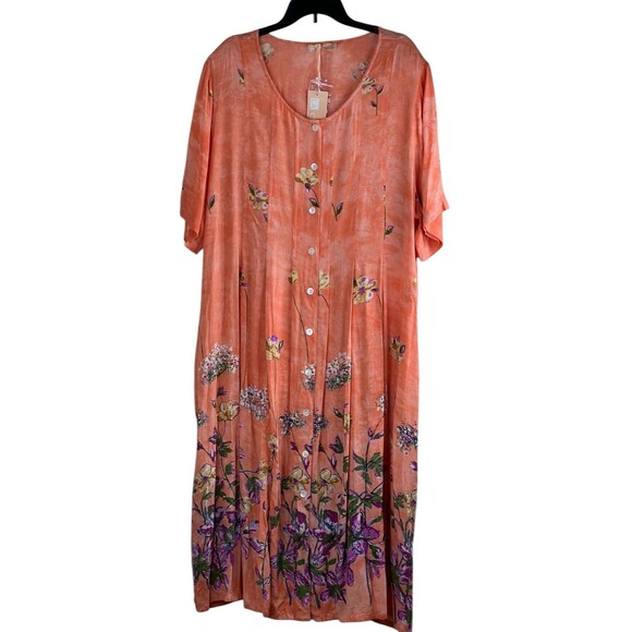 LA CERA NWT Women's Dress 3X Plus Size Cotton Short Sleeves Pocket Orange Floral - Picture 1 of 8